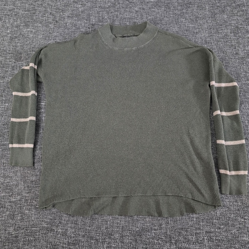 American Eagle Jegging Fit Ribbed Mock Neck Sweater Olive Green Striped Sleeve S